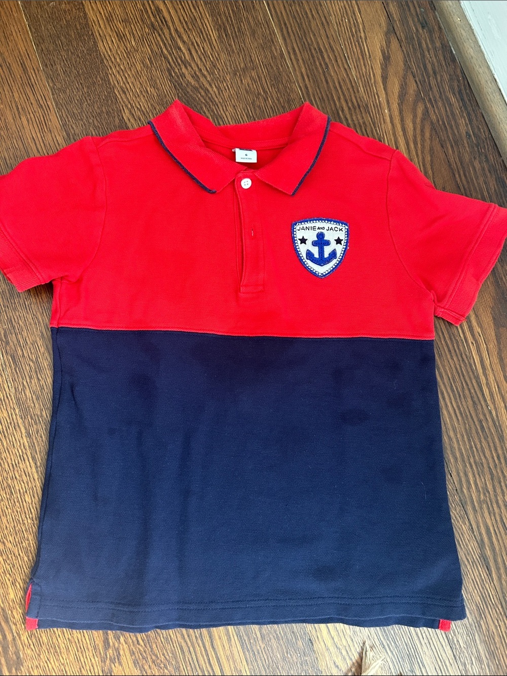 Janie and Jack Red and Navy Colorblock Polo with Anchor Crest